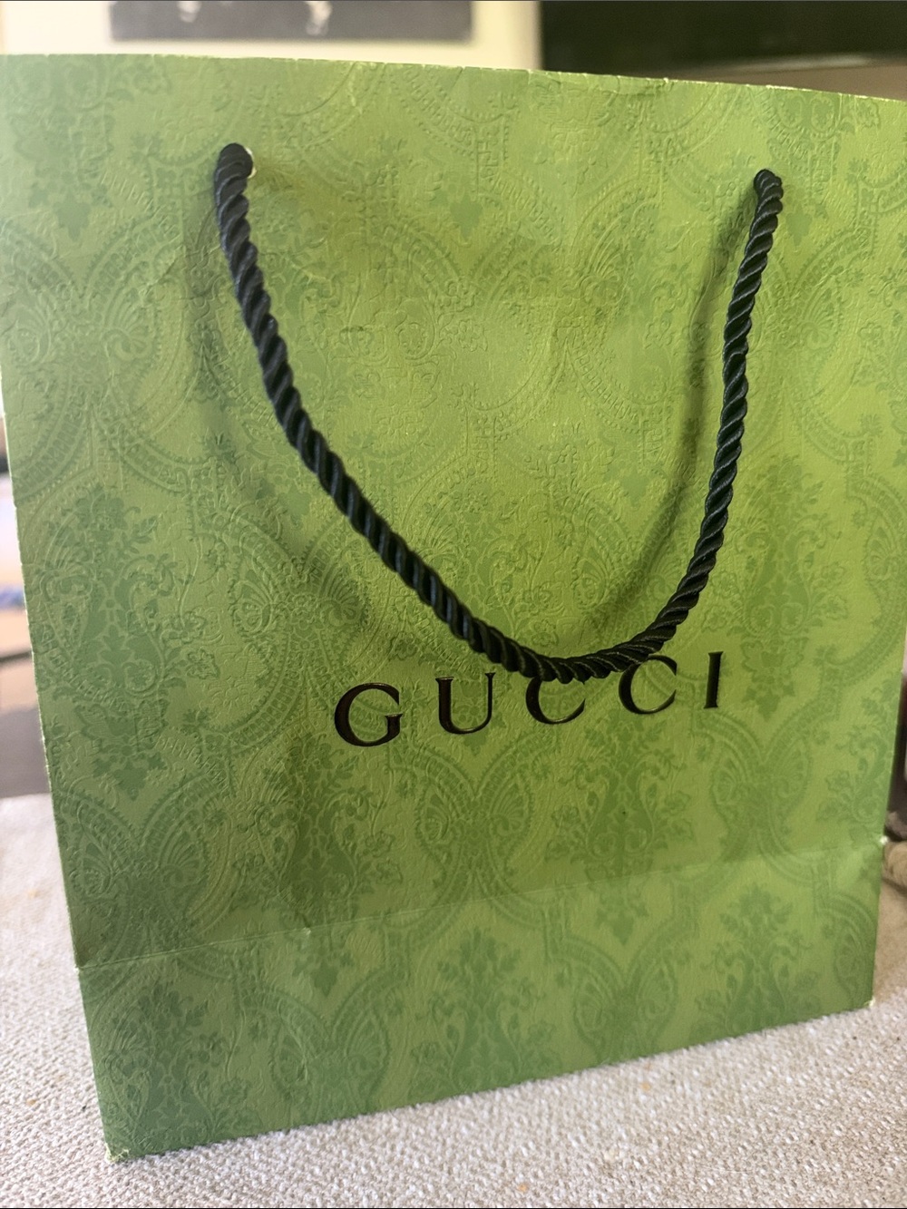 Gucci Green Paper Shopping Bag with Black Rope Handles and Logo